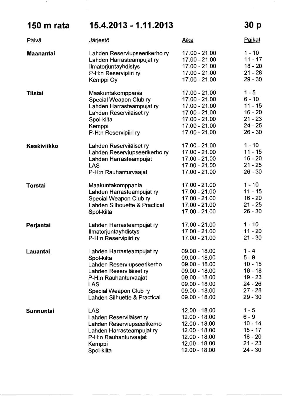 00-- 21.00 66-10 - Lahden Harrasteampujat ry 17.00-- 21.00 11-15 Lahden Reserviläiset ry 17.00-- 21.00 16-20 - Spol-kilta 17.00-- 21.00 21 --23 Kemppi 17.00-- 21.00 24-25 P-H:n Reservipiiri ry 17.