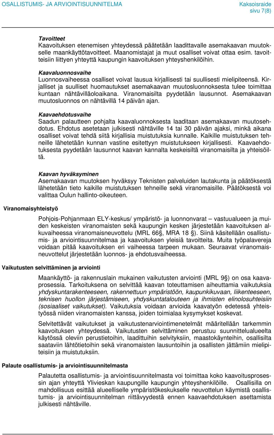 Kirjalliset ja suulliset huomautukset asemakaavan muutosluonnoksesta tulee toimittaa kuntaan nähtävilläoloaikana. Viranomaisilta pyydetään lausunnot.