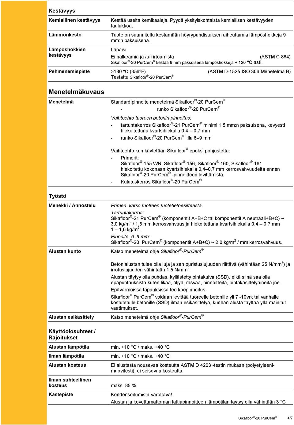 Ei halkeamia ja /tai irtoamista (ASTM C 884) kestää 9 mm paksuisena lämpöshokkeja + 120 ºC asti.