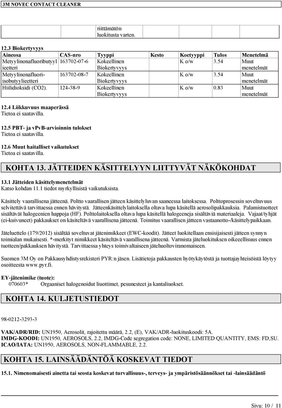 4 Liikkuvuus maaperässä Tietoa ei saatavilla. 12.5 PBT- ja vpvb-arvioinnin tulokset Tietoa ei saatavilla. 12.6 Muut haitalliset vaikutukset Tietoa ei saatavilla. KOHTA 13.