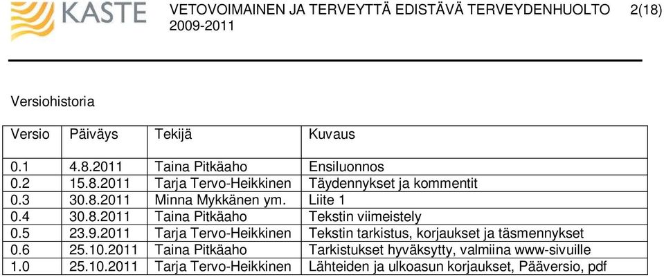 2011 Tarja Tervo-Heikkinen Tekstin tarkistus, korjaukset ja täsmennykset 0.6 25.10.
