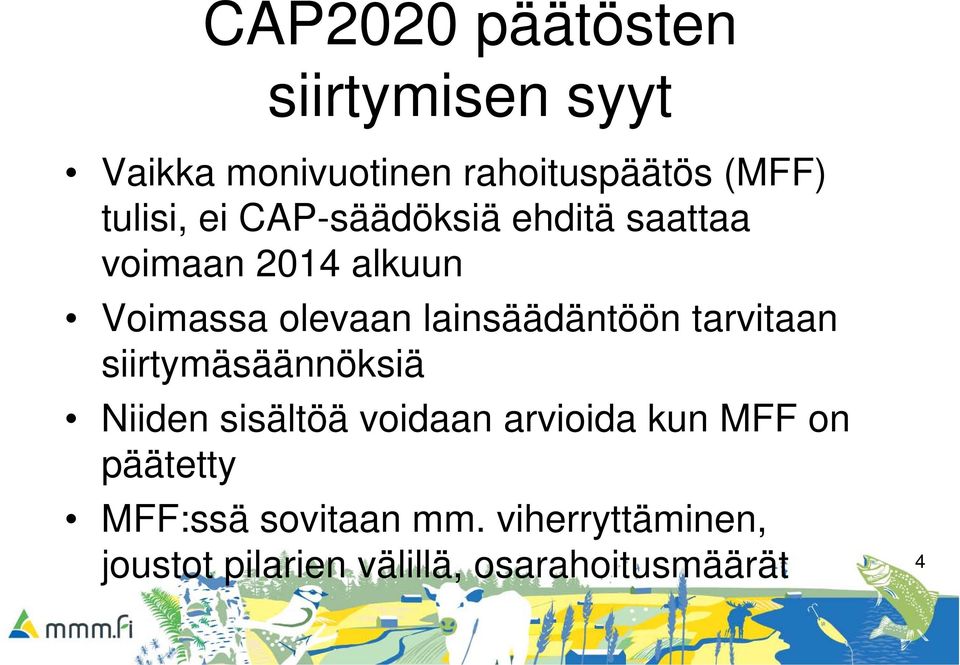 tarvitaan siirtymäsäännöksiä Niiden sisältöä voidaan arvioida kun MFF on päätetty