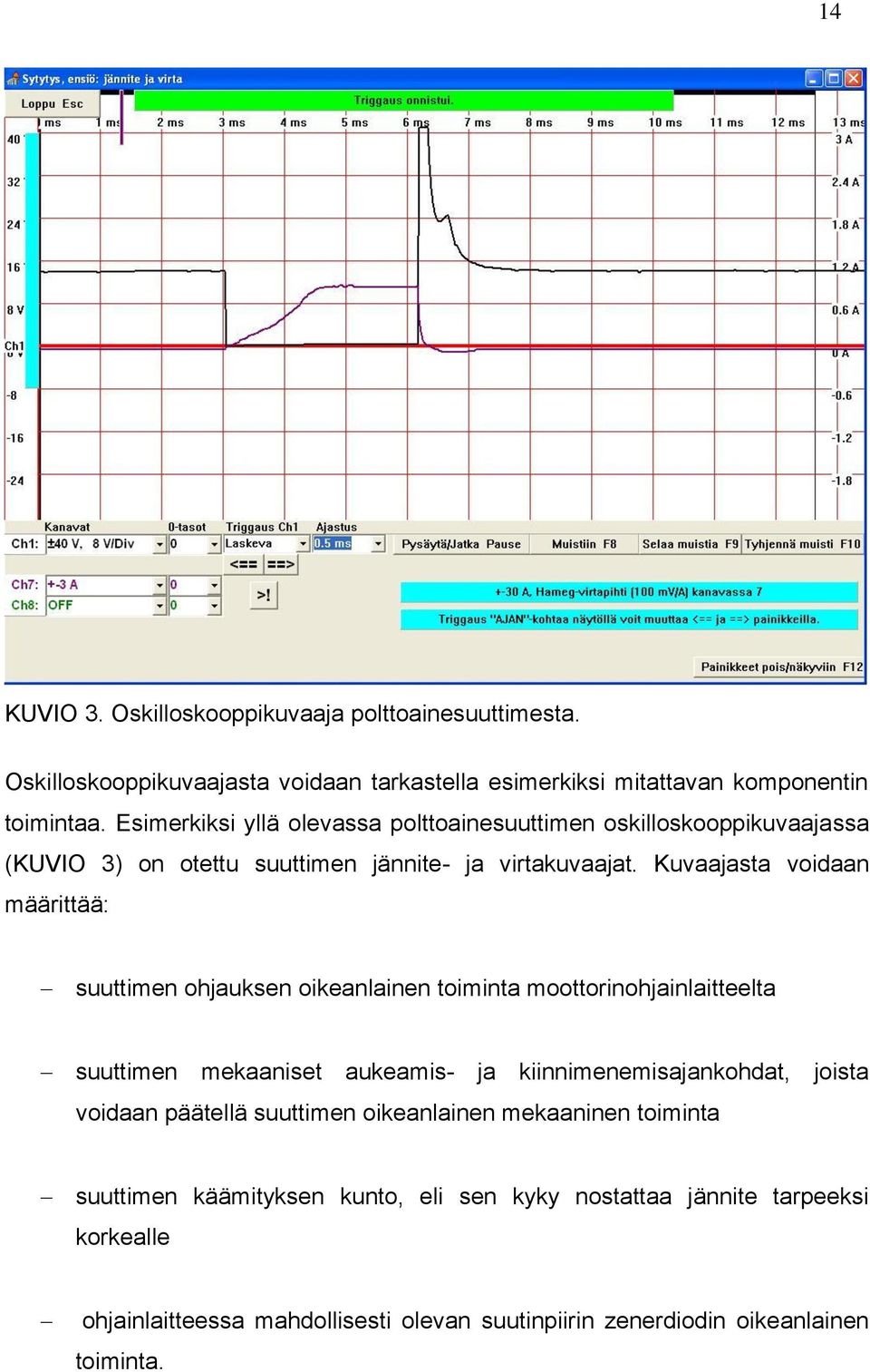 Kuvaajasta voidaan määrittää: suuttimen ohjauksen oikeanlainen toiminta moottorinohjainlaitteelta suuttimen mekaaniset aukeamis- ja kiinnimenemisajankohdat, joista