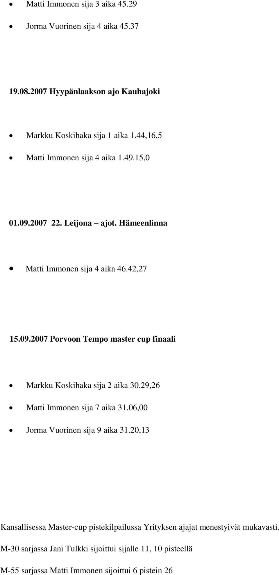 29,26 Matti Immonen sija 7 aika 31.06,00 Jorma Vuorinen sija 9 aika 31.