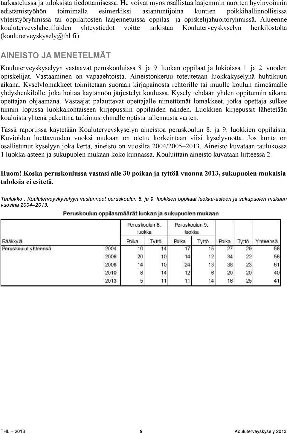 oppilas- ja opiskelijahuoltoryhmissä. Alueenne kouluterveyslähettiläiden yhteystiedot voitte tarkistaa Kouluterveyskyselyn henkilöstöltä (kouluterveyskysely@thl.fi).