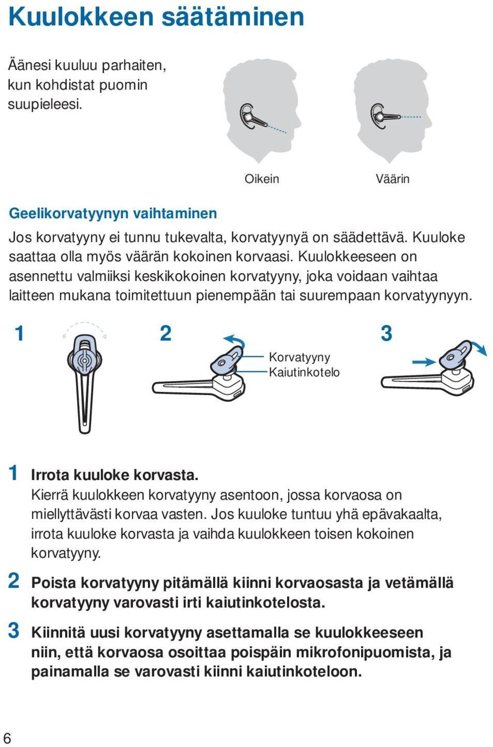 Kuulokkeeseen on asennettu valmiiksi keskikokoinen korvatyyny, joka voidaan vaihtaa laitteen mukana toimitettuun pienempään tai suurempaan korvatyynyyn.