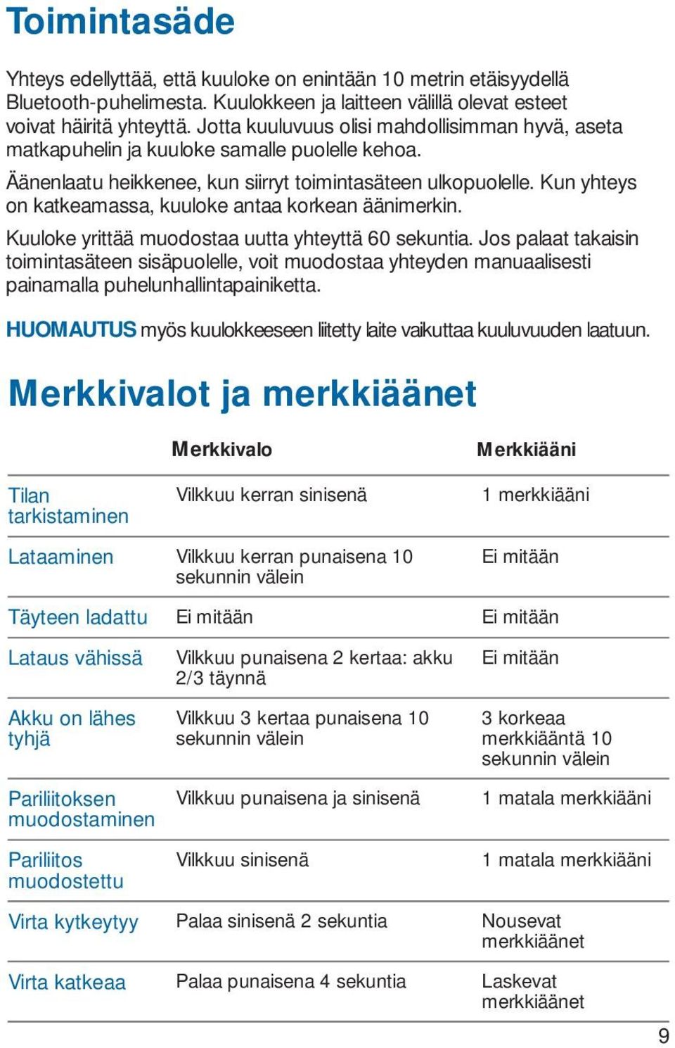 Kun yhteys on katkeamassa, kuuloke antaa korkean äänimerkin. Kuuloke yrittää muodostaa uutta yhteyttä 60 sekuntia.