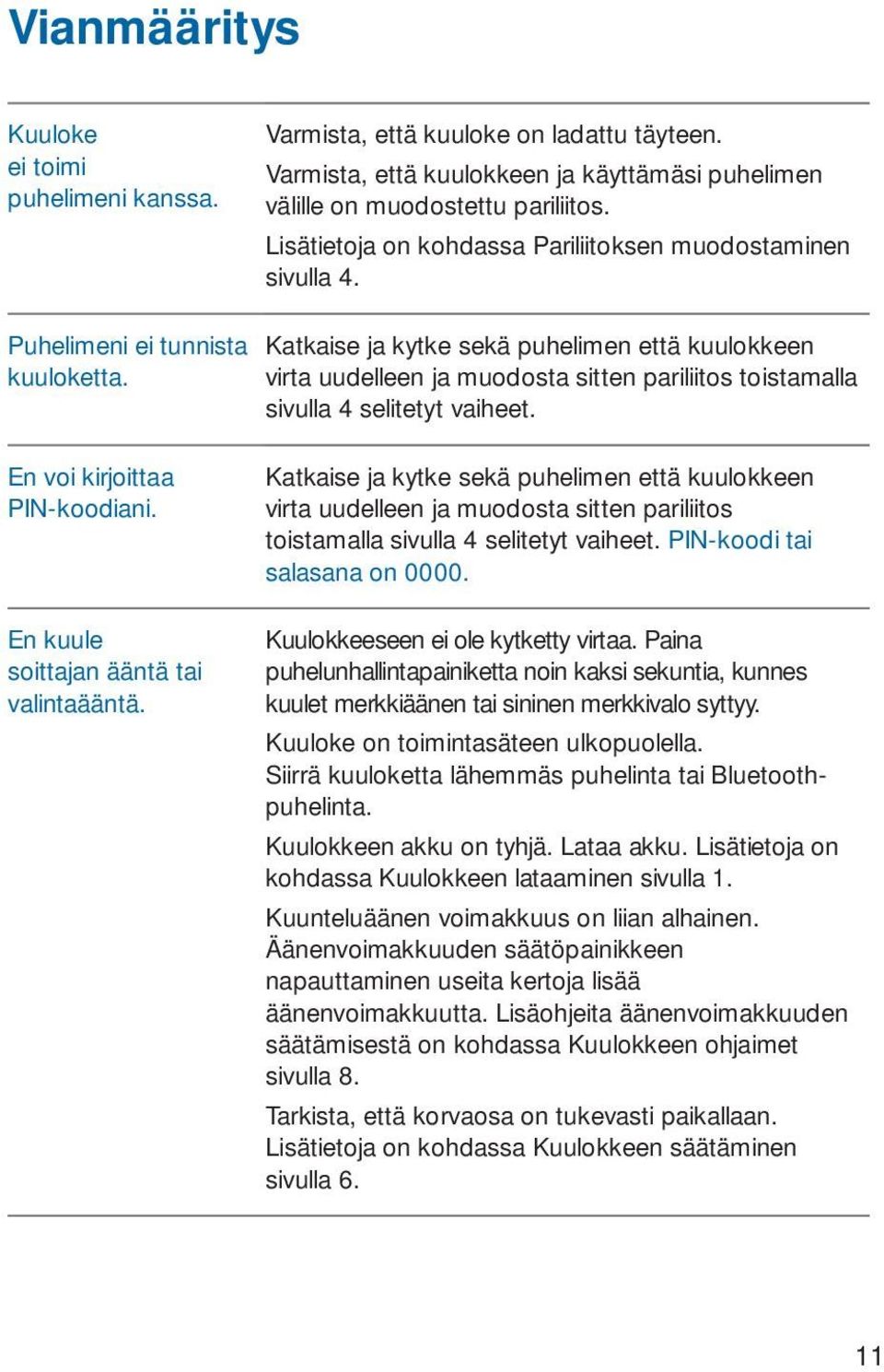 Katkaise ja kytke sekä puhelimen että kuulokkeen virta uudelleen ja muodosta sitten pariliitos toistamalla sivulla 4 selitetyt vaiheet. En voi kirjoittaa PIN-koodiani.