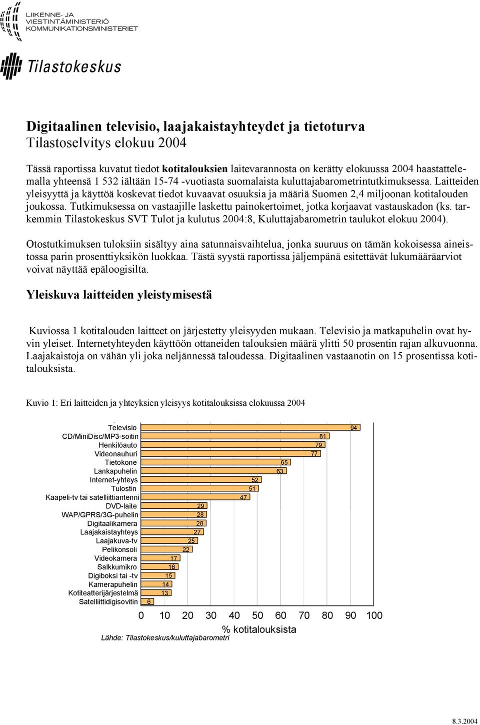 Tutkimuksessa on vastaajille laskettu painokertoimet, jotka korjaavat vastauskadon (ks. tarkemmin Tilastokeskus SVT Tulot ja kulutus 4:8, Kuluttajabarometrin taulukot elokuu 4).