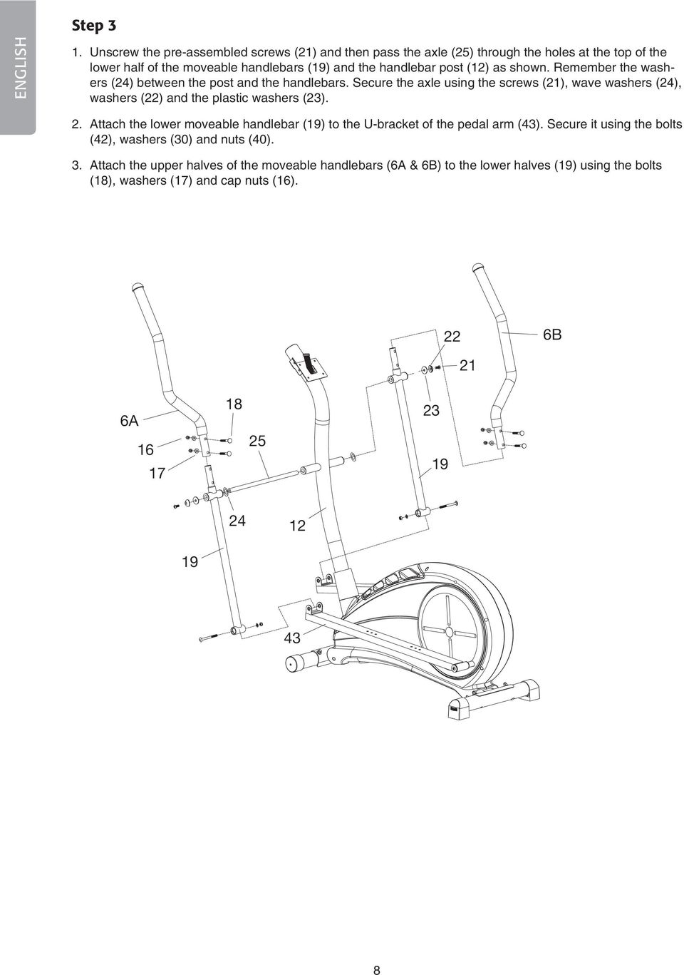 (12) as shown. Remember the washers (2) between the post and the handlebars.