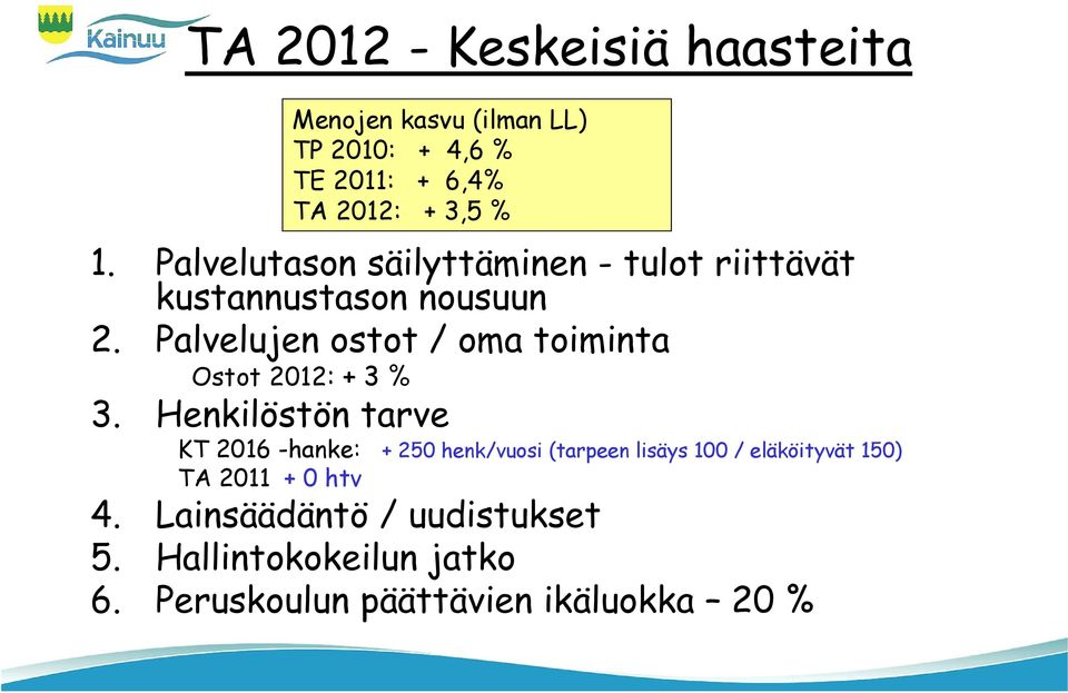 Palvelujen ostot / oma toiminta Ostot 2012: + 3 % 3.