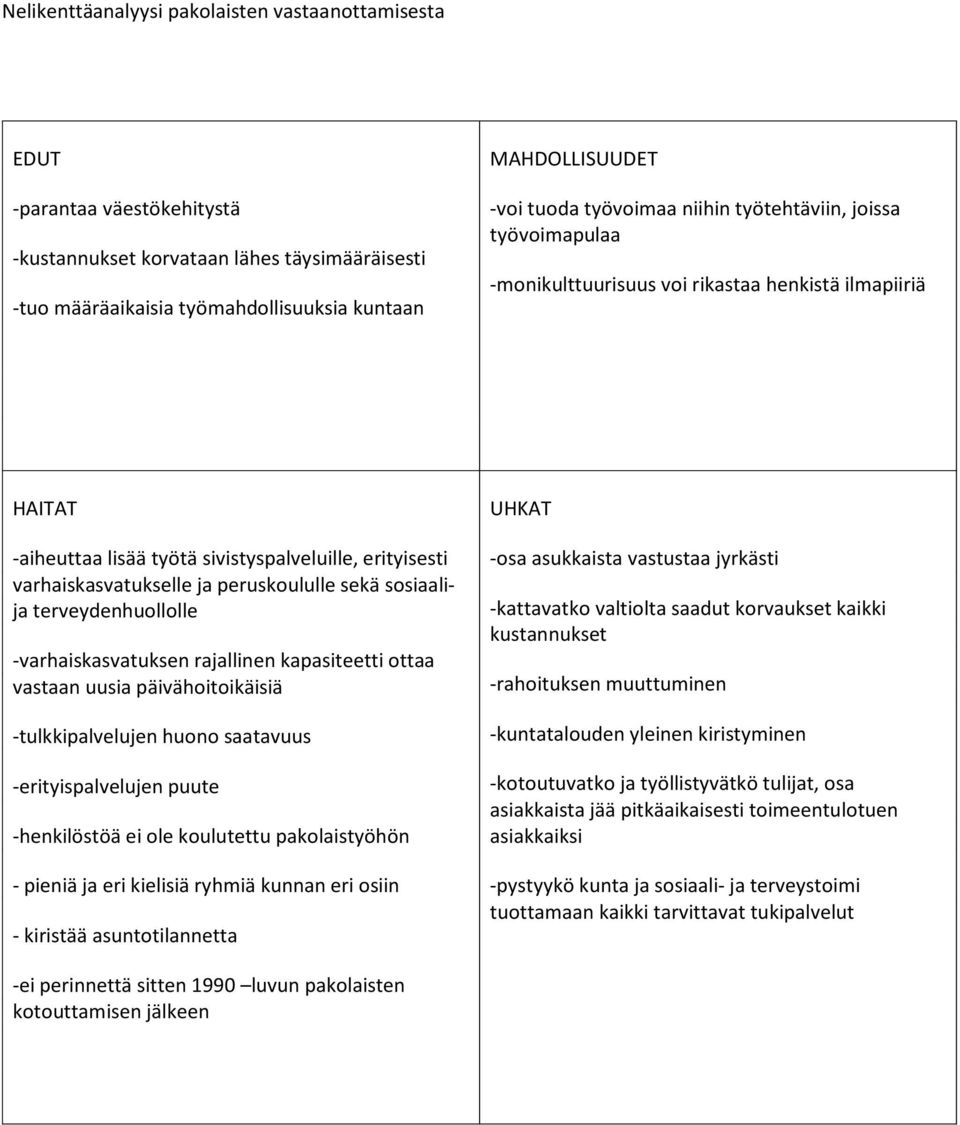 peruskoululle sekä sosiaalija terveydenhuollolle -varhaiskasvatuksen rajallinen kapasiteetti ottaa vastaan uusia päivähoitoikäisiä -tulkkipalvelujen huono saatavuus -erityispalvelujen puute