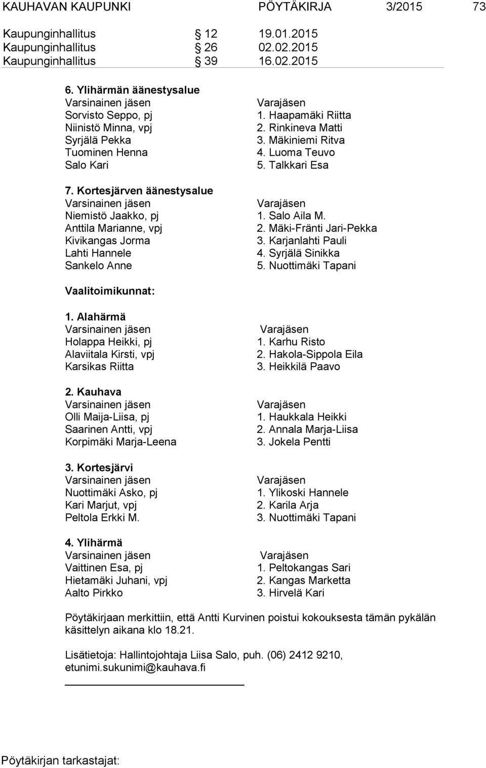 Talkkari Esa 7. Kortesjärven äänestysalue Varsinainen jäsen Niemistö Jaakko, pj 1. Salo Aila M. Anttila Marianne, vpj 2. Mäki-Fränti Jari-Pekka Kivikangas Jorma 3. Karjanlahti Pauli Lahti Hannele 4.