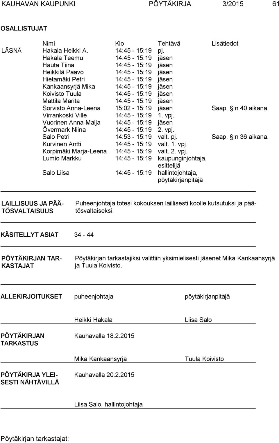 Mattila Marita 14:45-15:19 jäsen Sorvisto Anna-Leena 15:02-15:19 jäsen Saap. :n 40 aikana. Virrankoski Ville 14:45-15:19 1. vpj. Vuorinen Anna-Maija 14:45-15:19 jäsen Övermark Niina 14:45-15:19 2.