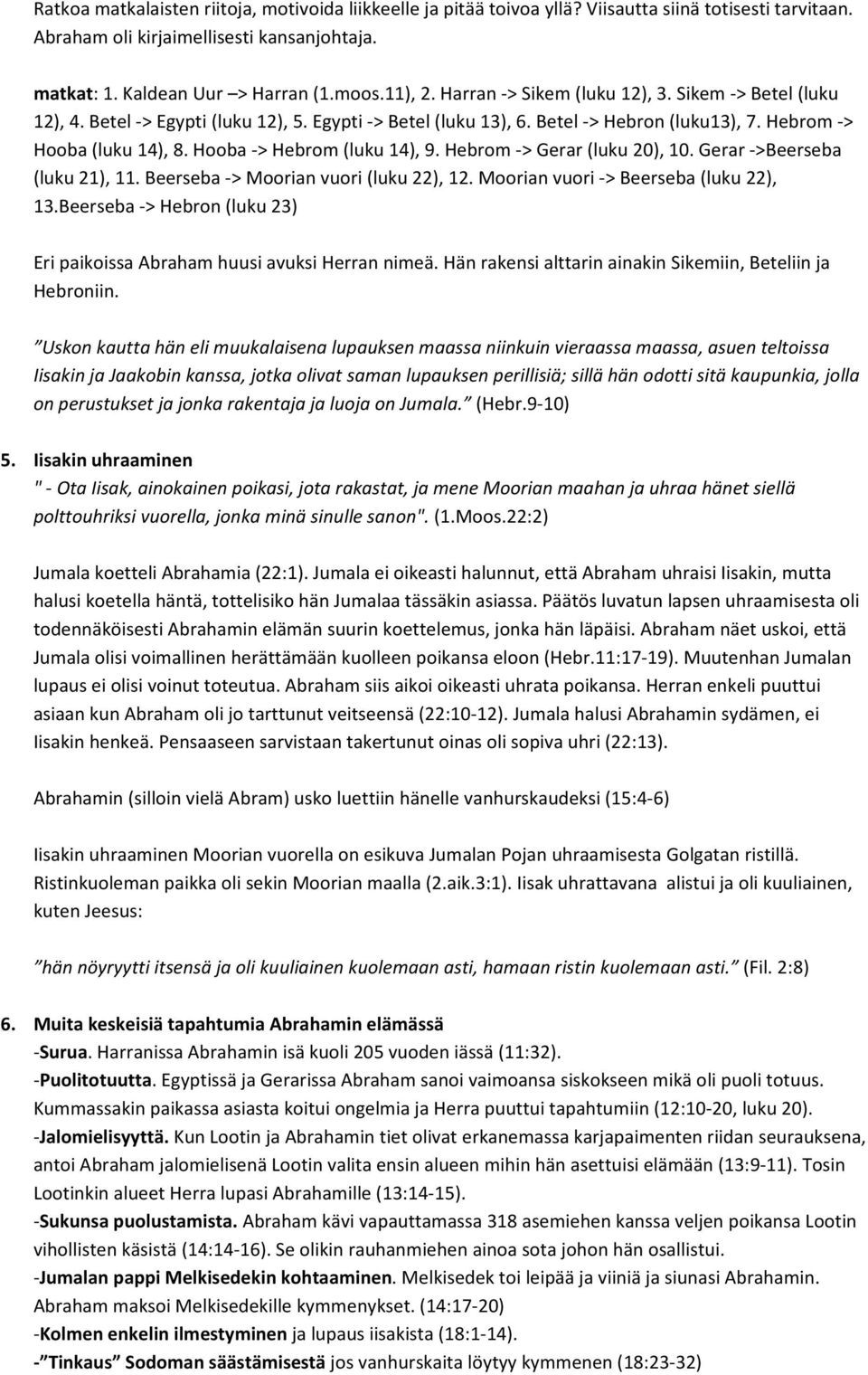 Hebrom > Gerar (luku 20), 10. Gerar >Beerseba (luku 21), 11. Beerseba > Moorian vuori (luku 22), 12. Moorian vuori > Beerseba (luku 22), 13.