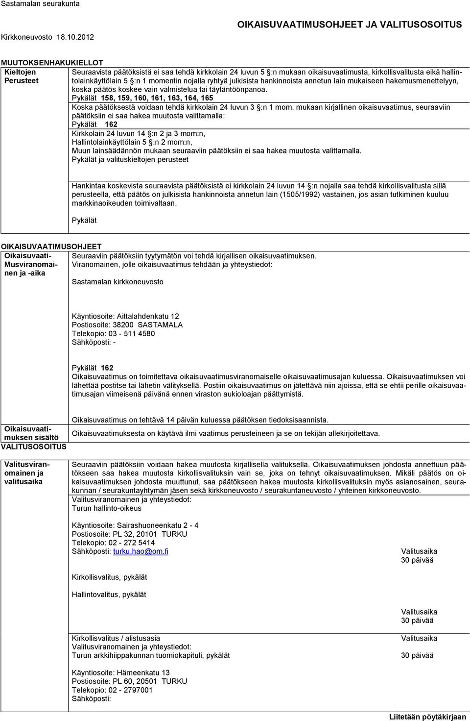 Pykälät 158, 159, 160, 161, 163, 164, 165 Koska päätöksestä voidaan tehdä kirkkolain 24 luvun 3 :n 1 mom.