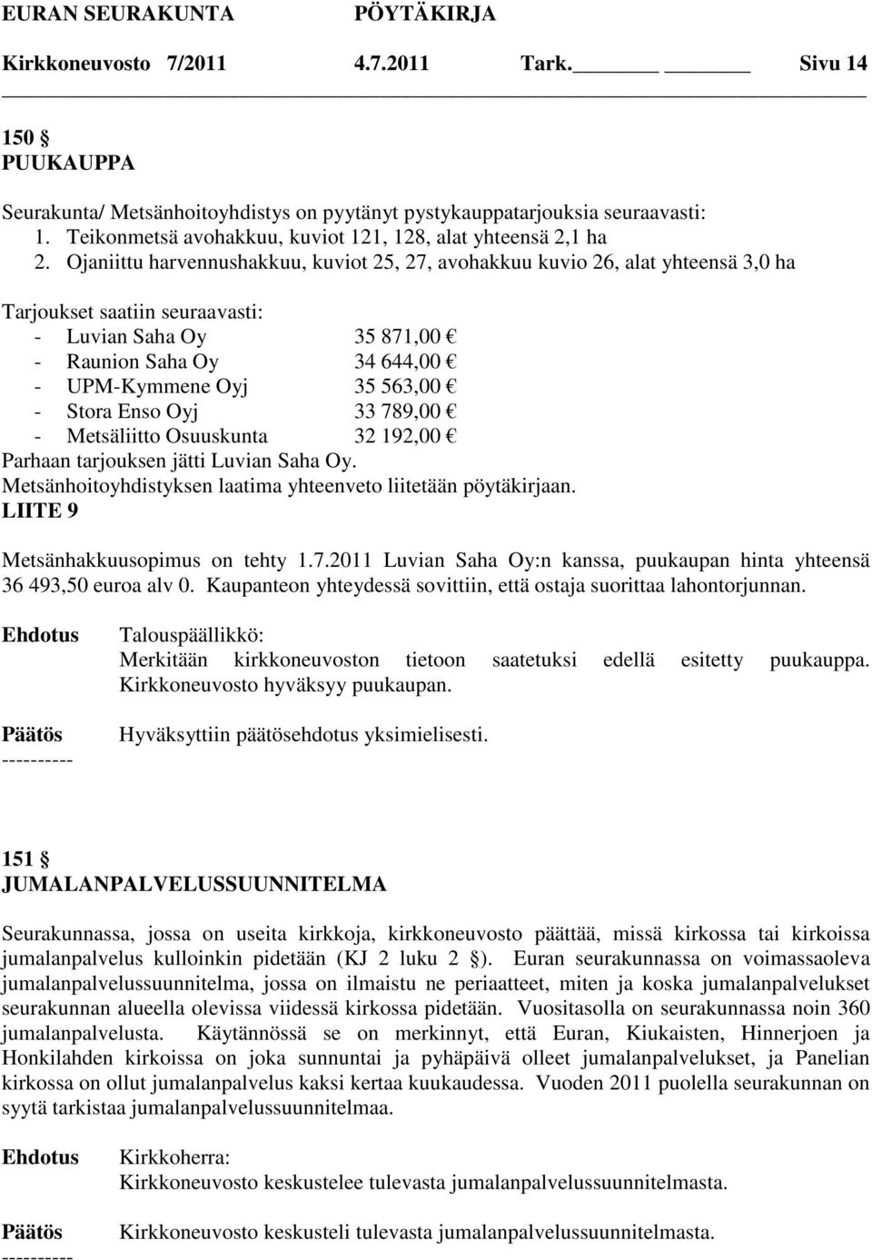 Ojaniittu harvennushakkuu, kuviot 25, 27, avohakkuu kuvio 26, alat yhteensä 3,0 ha Tarjoukset saatiin seuraavasti: - Luvian Saha Oy 35 871,00 - Raunion Saha Oy 34 644,00 - UPM-Kymmene Oyj 35 563,00 -