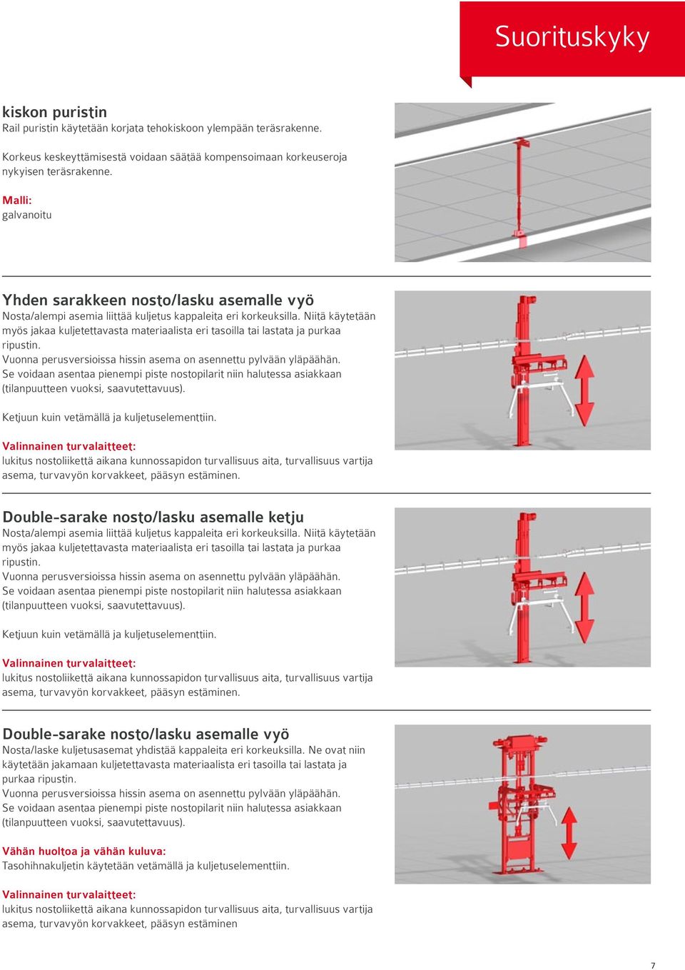 Niitä käytetään myös jakaa kuljetettavasta materiaalista eri tasoilla tai lastata ja purkaa ripustin. Vuonna perusversioissa hissin asema on asennettu pylvään yläpäähän.