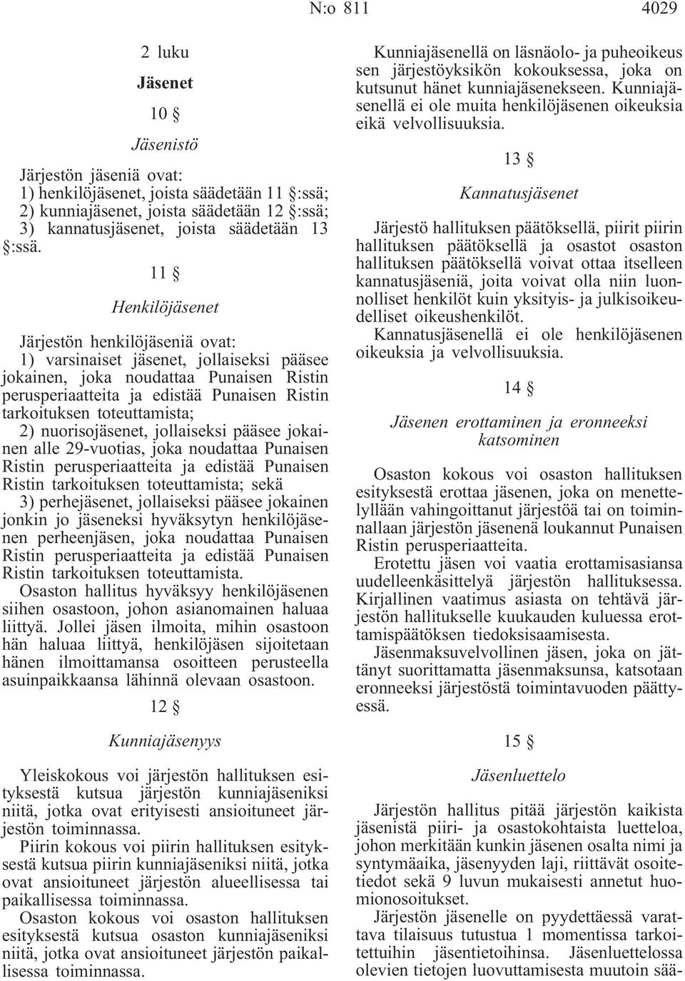 toteuttamista; 2) nuorisojäsenet, jollaiseksi pääsee jokainen alle 29-vuotias, joka noudattaa Punaisen Ristin perusperiaatteita ja edistää Punaisen Ristin tarkoituksen toteuttamista; sekä 3)