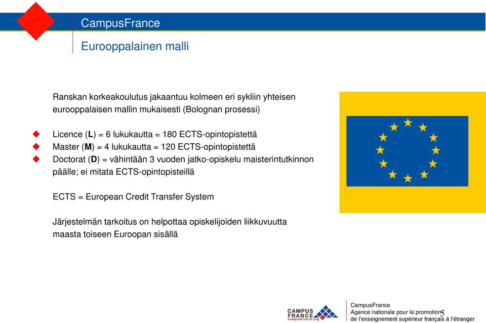 vähintään 3 vuoden jatko-opiskelu maisterintutkinnon päälle; ei mitata ECTS-opintopisteillä ECTS = European Credit Transfer