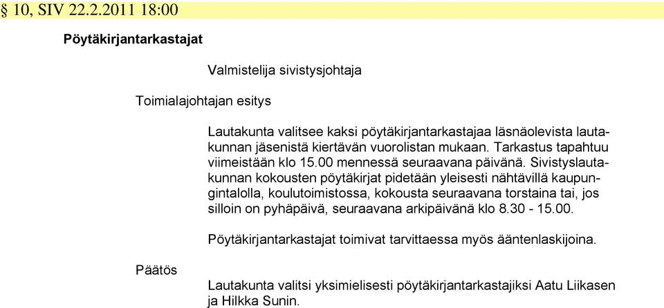 jäsenistä kiertävän vuorolistan mukaan. Tarkastus tapahtuu viimeistään klo 15.00 mennessä seuraavana päivänä.