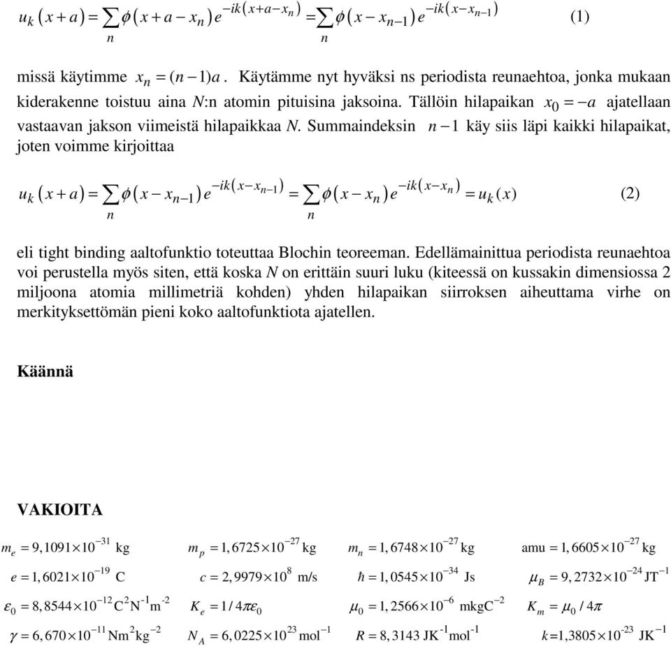 Suaideksi 1 käy siis läpi kaikki hilapaikat, jote voie kirjoittaa ik( x x 1) ik( x x u ) k ( x a) φ( x x 1 ) e + = = φ( x x) e = uk( x) () eli tight bidig aaltofuktio toteuttaa Blochi teoreea.