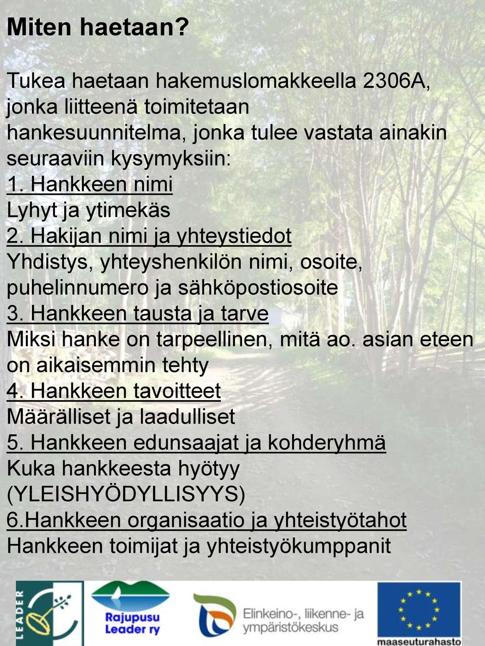 Hankkeen nimi Lyhyt ja ytimekäs 2. Hakijan nimi ja yhteystiedot Yhdistys, yhteyshenkilön nimi, osoite, puhelinnumero ja sähköpostiosoite 3.