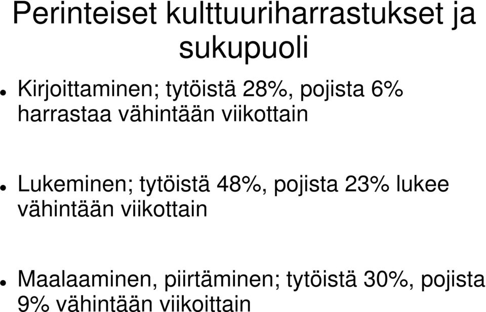 Lukeminen; tytöistä 48%, pojista 23% lukee vähintään viikottain