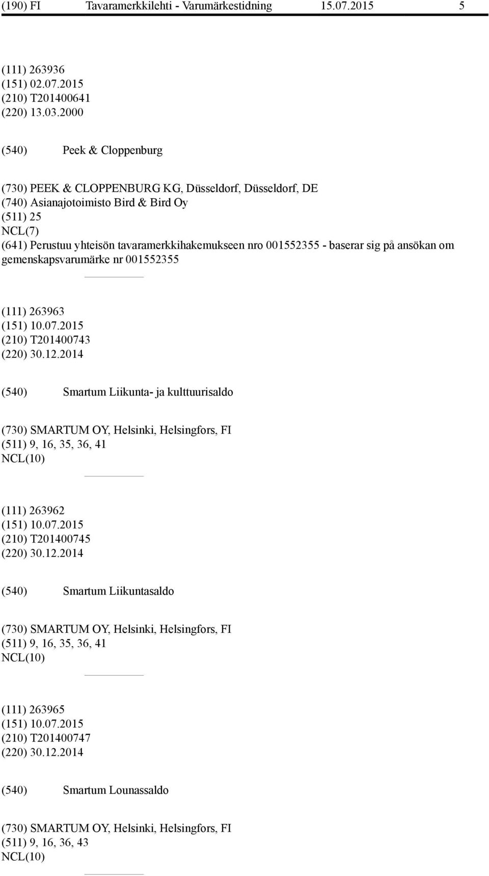 baserar sig på ansökan om gemenskapsvarumärke nr 001552355 (111) 263963 (151) 10.07.2015 (210) T201400743 (220) 30.12.