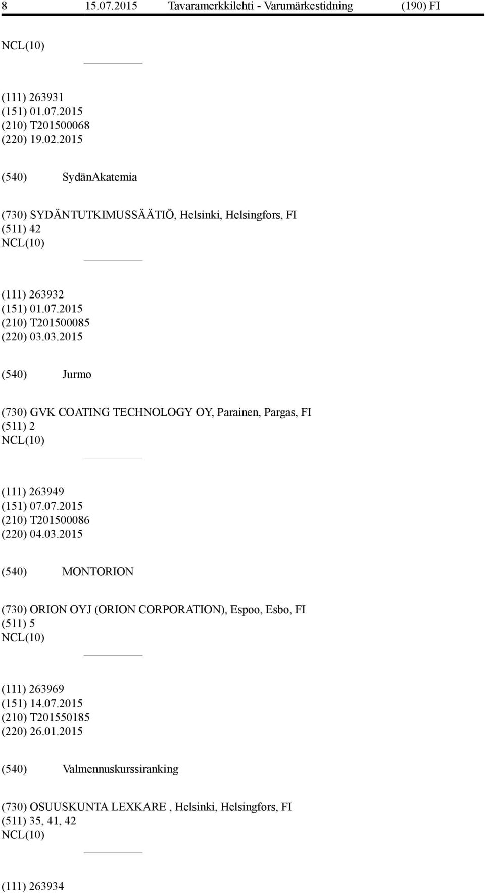 03.2015 Jurmo (730) GVK COATING TECHNOLOGY OY, Parainen, Pargas, FI (511) 2 (111) 263949 (151) 07.07.2015 (210) T201500086 (220) 04.03.2015 MONTORION (730) ORION OYJ (ORION CORPORATION), Espoo, Esbo, FI (511) 5 (111) 263969 (151) 14.