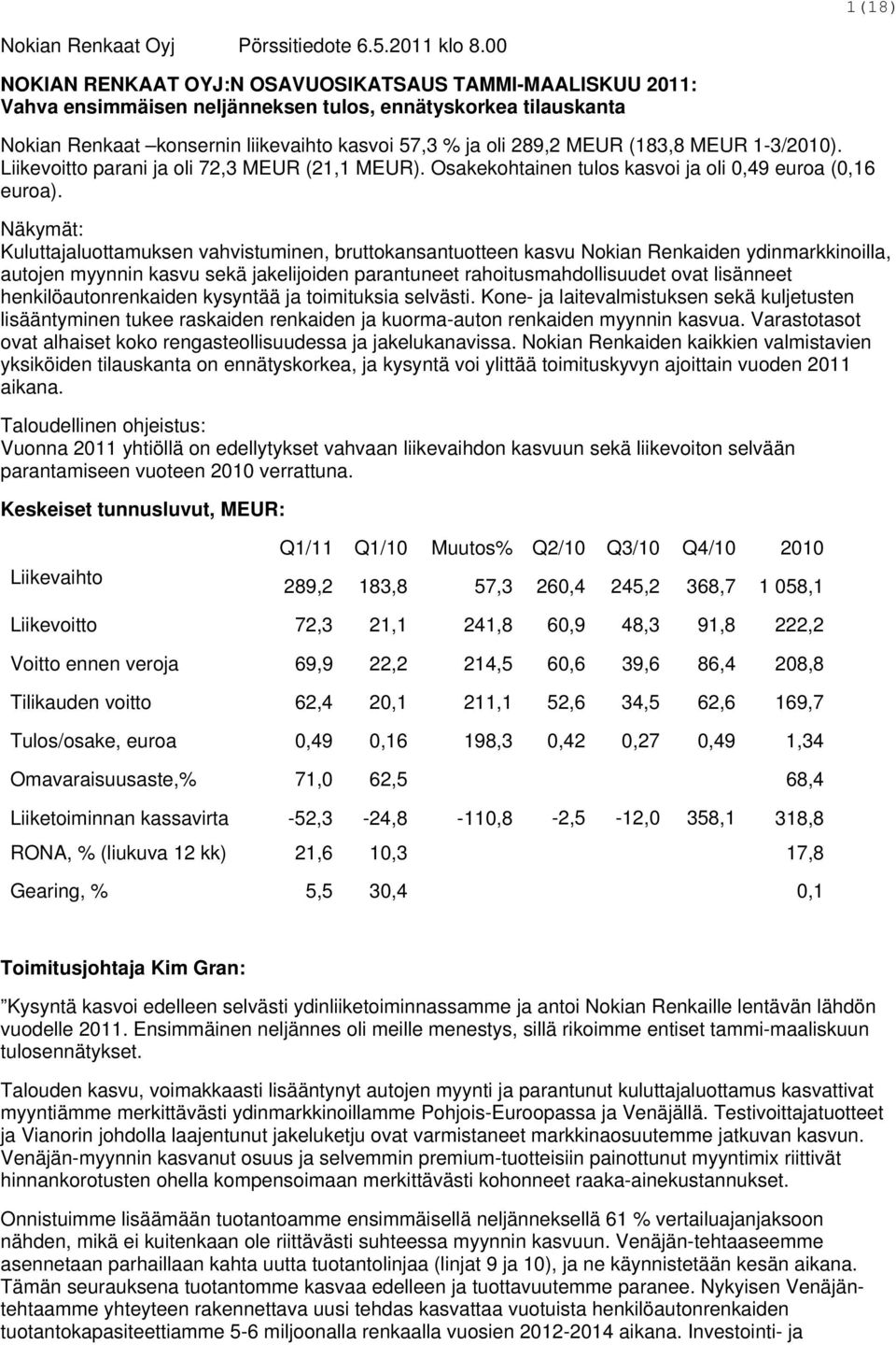 (183,8 MEUR 1-3/2010). Liikevoitto parani ja oli 72,3 MEUR (21,1 MEUR). Osakekohtainen tulos kasvoi ja oli 0,49 euroa (0,16 euroa).