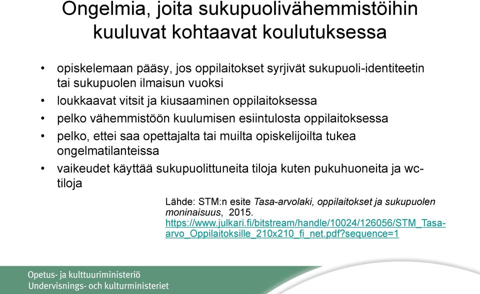 opettajalta tai muilta opiskelijoilta tukea ongelmatilanteissa vaikeudet käyttää sukupuolittuneita tiloja kuten pukuhuoneita ja wctiloja Lähde: STM:n esite