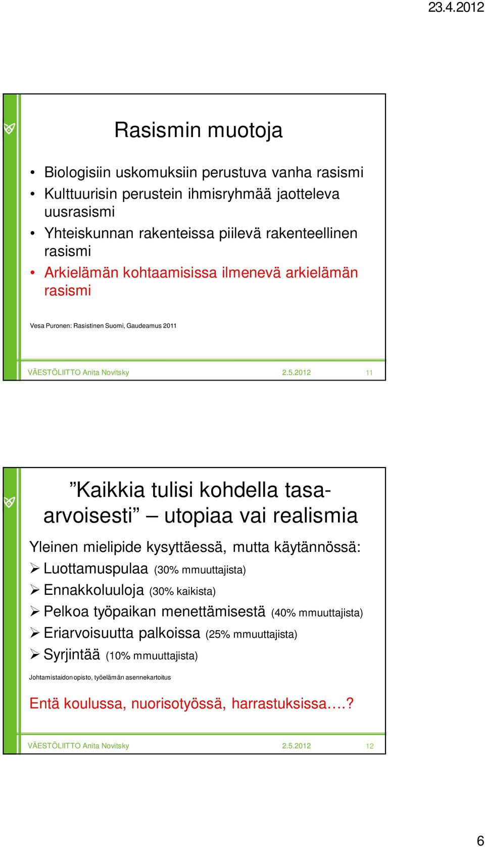 realismia Yleinen mielipide kysyttäessä, mutta käytännössä: Luottamuspulaa (30% mmuuttajista) Ennakkoluuloja (30% kaikista) Pelkoa työpaikan menettämisestä (40%