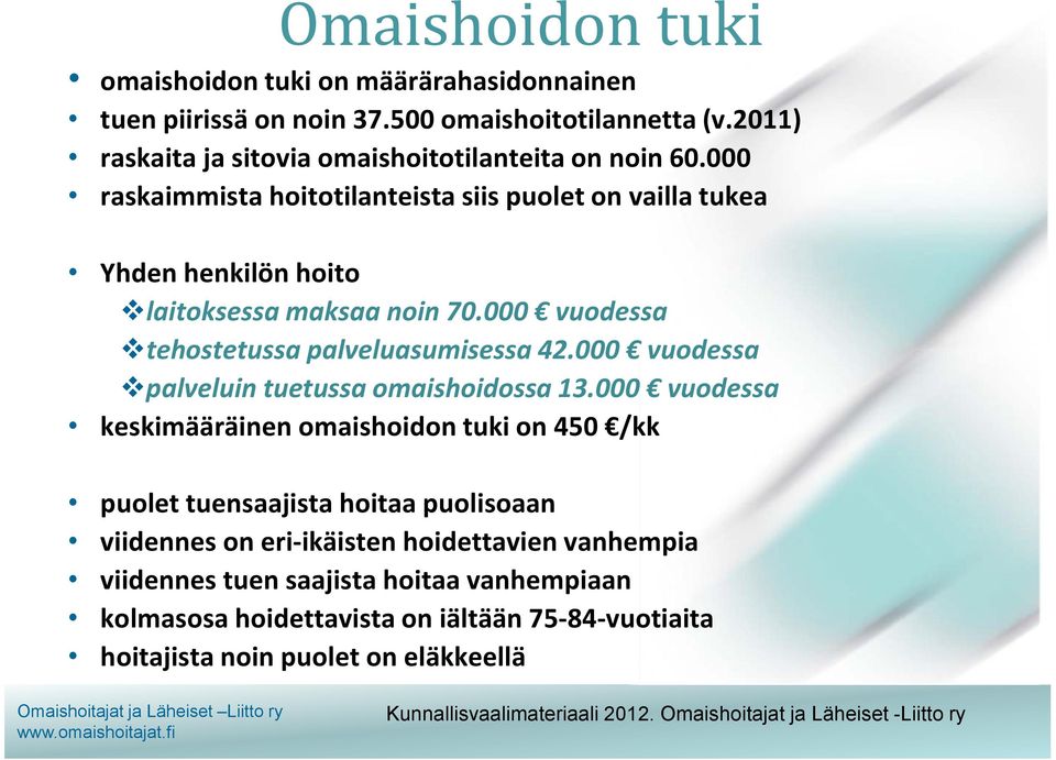 000 raskaimmista hoitotilanteista siis puolet on vailla tukea Yhden henkilön hoito laitoksessa maksaa noin 70.000 vuodessa tehostetussa palveluasumisessa 42.