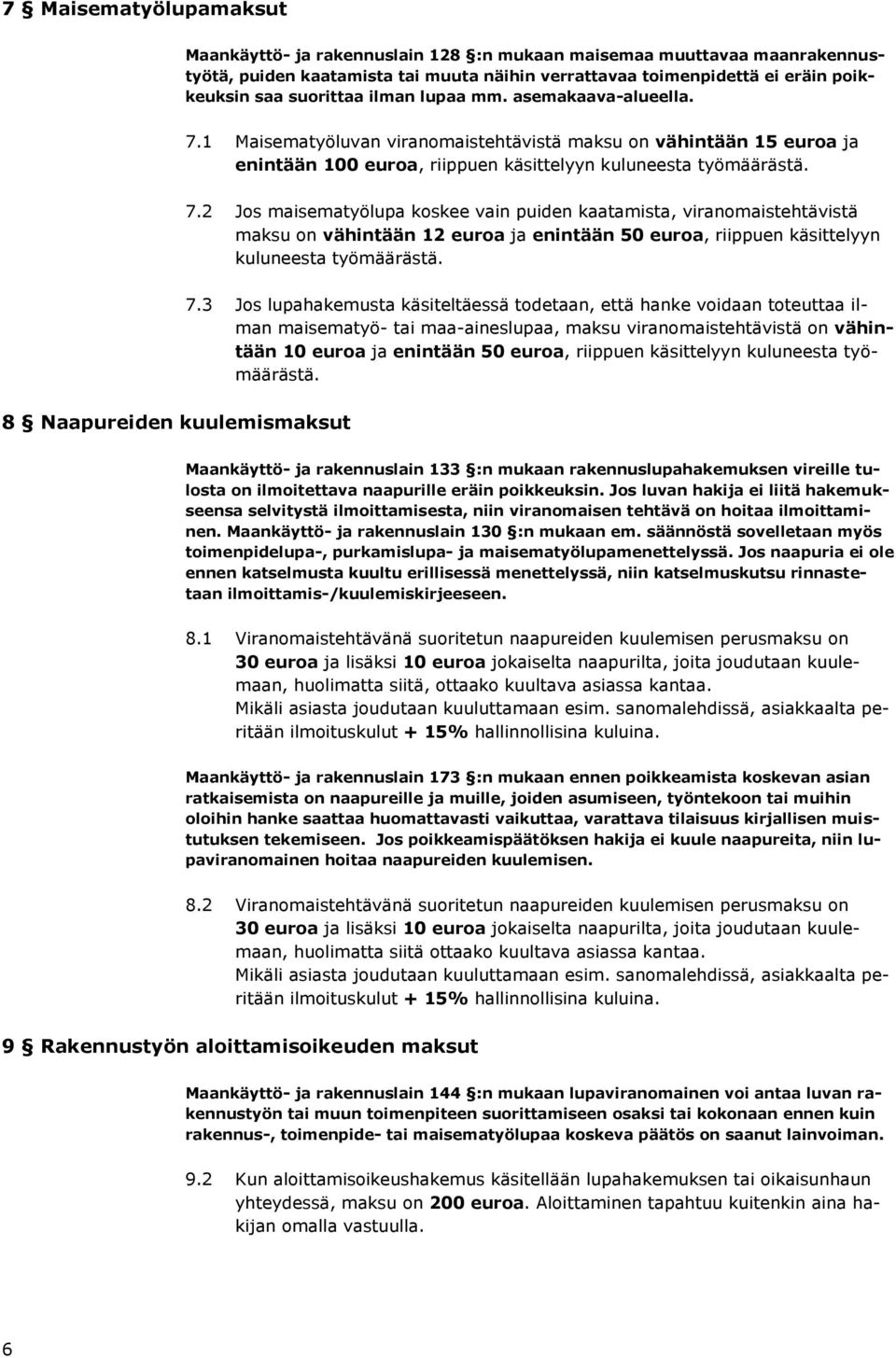 1 Maisematyöluvan viranomaistehtävistä maksu on vähintään 15 euroa ja enintään 100 euroa, riippuen käsittelyyn kuluneesta työmäärästä. 7.