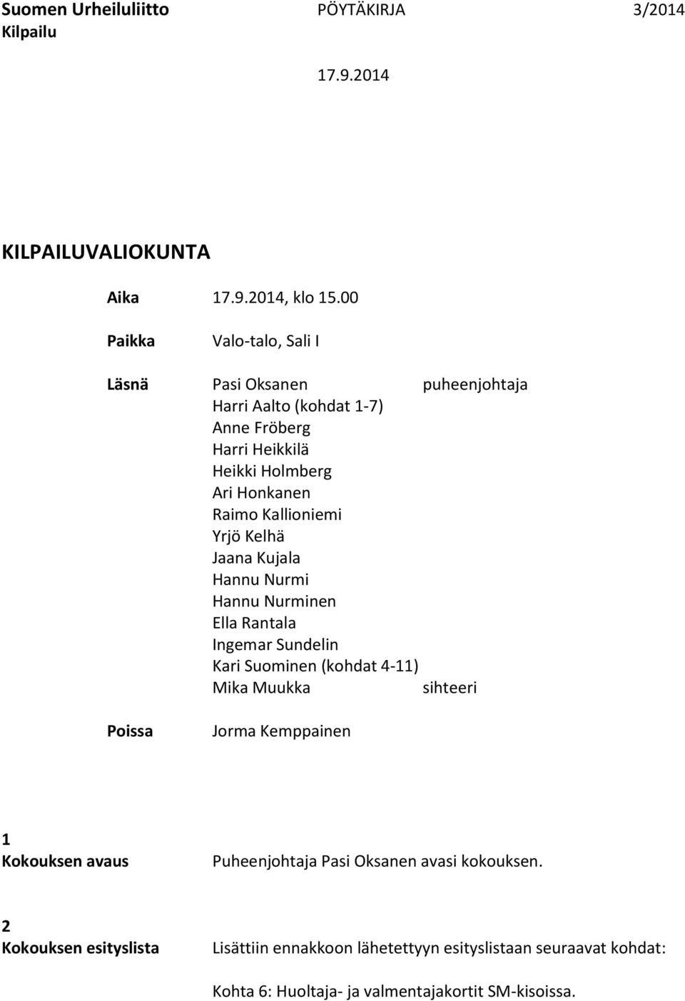 Kallioniemi Yrjö Kelhä Jaana Kujala Hannu Nurmi Hannu Nurminen Ella Rantala Ingemar Sundelin Kari Suominen (kohdat 4-11) Mika Muukka sihteeri Poissa