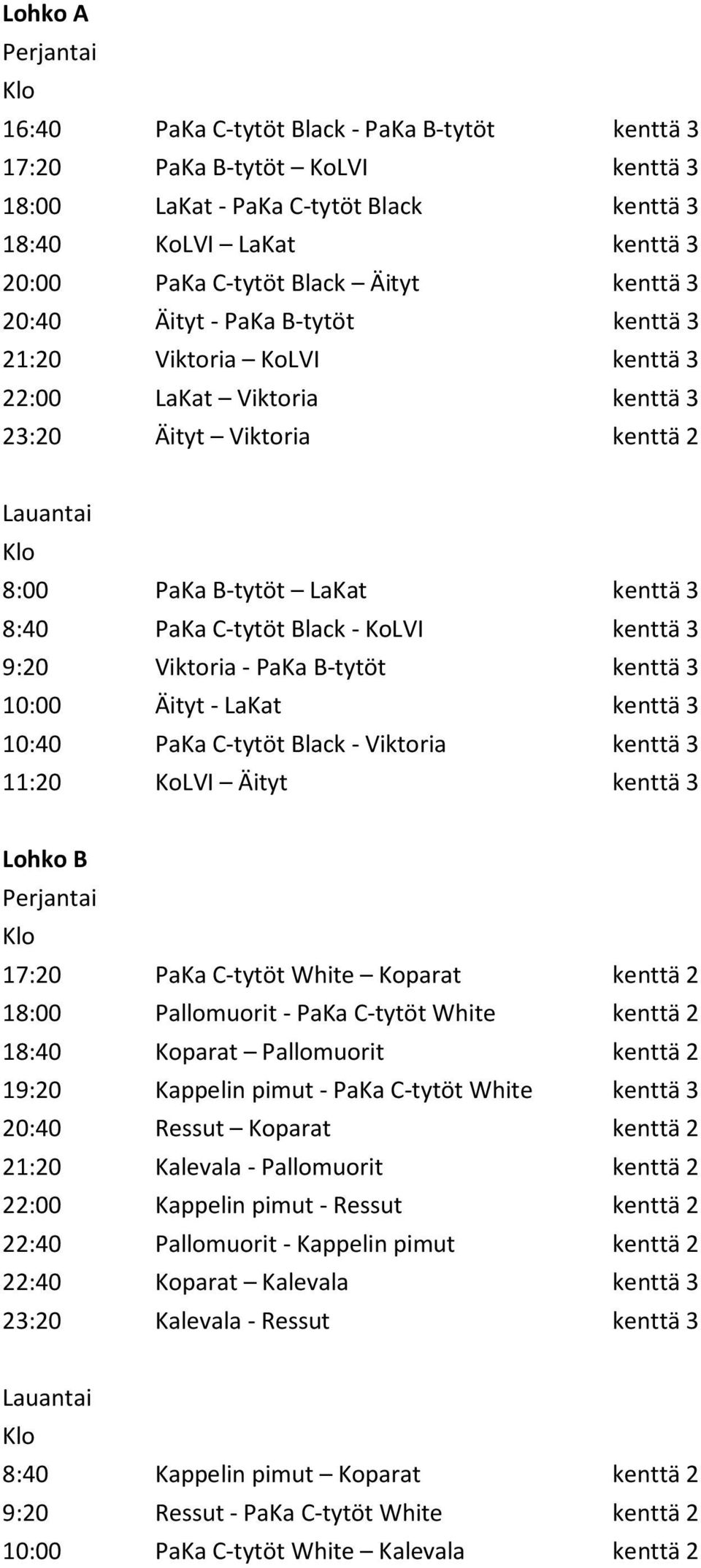 9:20 Viktoria - PaKa B-tytöt kenttä 3 10:00 Äityt - LaKat kenttä 3 10:40 PaKa C-tytöt Black - Viktoria kenttä 3 11:20 KoLVI Äityt kenttä 3 Lohko B 17:20 PaKa C-tytöt White Koparat kenttä 2 18:00