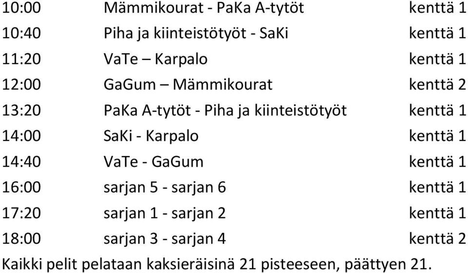kiinteistötyöt kenttä 1 14:00 SaKi - Karpalo kenttä 1 14:40 VaTe - GaGum kenttä 1 16:00