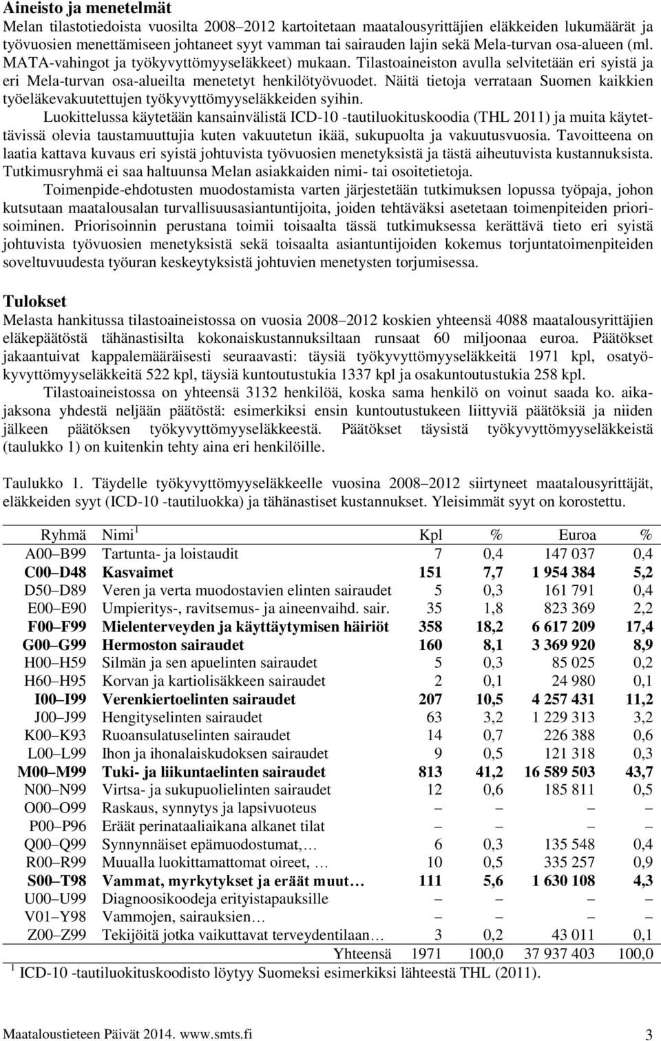 Näitä tietoja verrataan Suomen kaikkien työeläkevakuutettujen työkyvyttömyyseläkkeiden syihin.