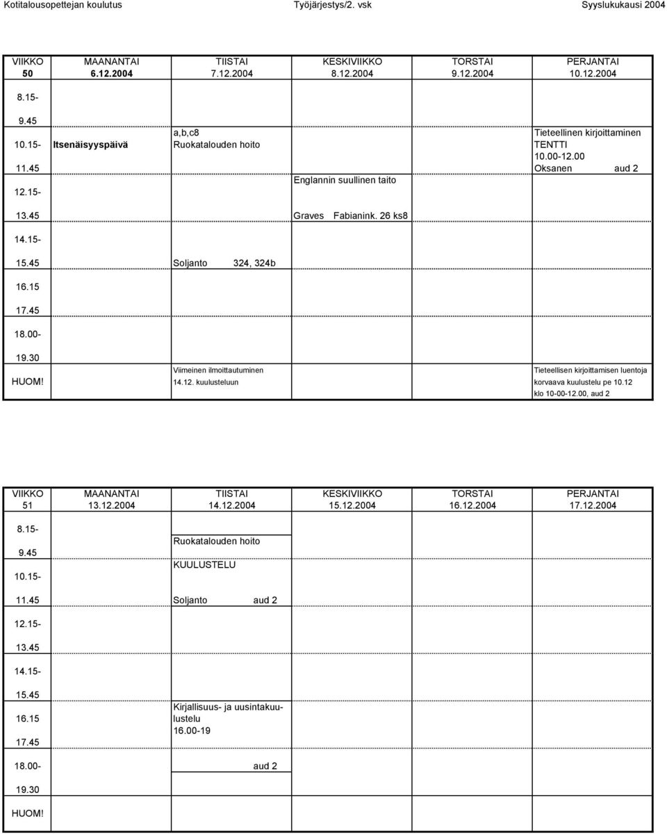 12 klo 10-00-12.00, aud 2 51 KESKI 13.12.2004 14.12.2004 15.12.2004 16.12.2004 Ruoka hoito KUULUSTELU 17.12.2004 11.