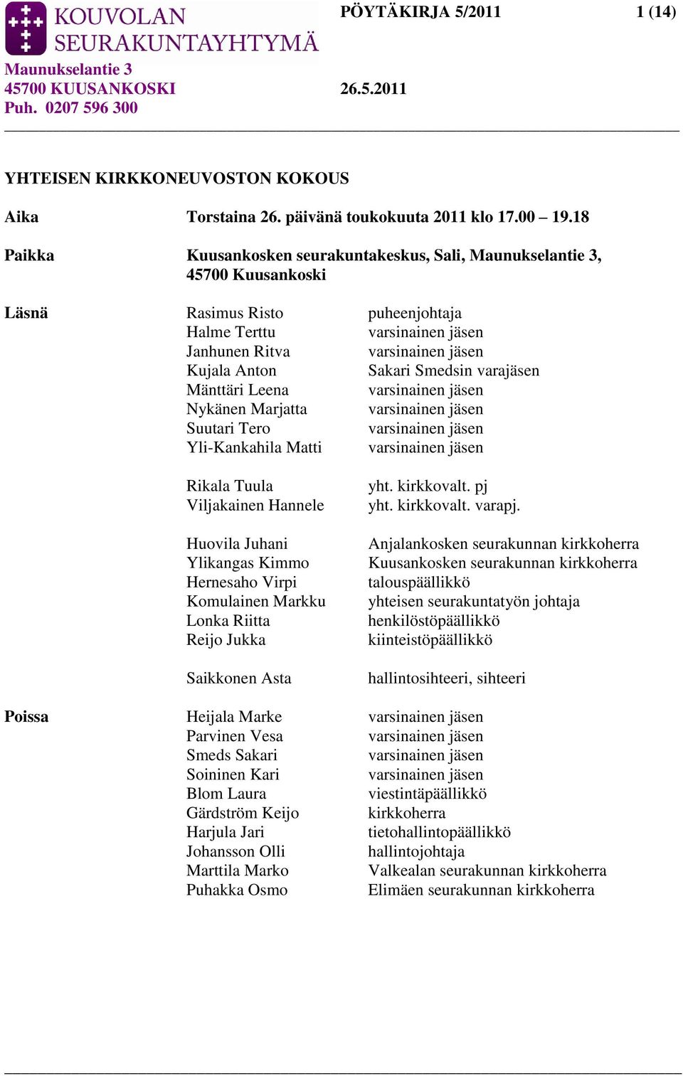 varajäsen Mänttäri Leena varsinainen jäsen Nykänen Marjatta varsinainen jäsen Suutari Tero varsinainen jäsen Yli-Kankahila Matti varsinainen jäsen Rikala Tuula Viljakainen Hannele Huovila Juhani