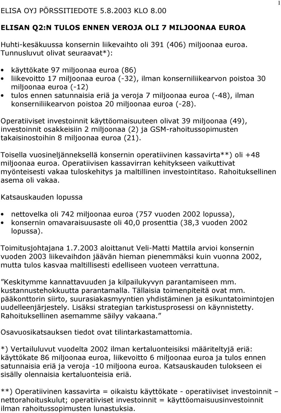 veroja 7 miljoonaa euroa (-48), ilman konserniliikearvon poistoa 20 miljoonaa euroa (-28).