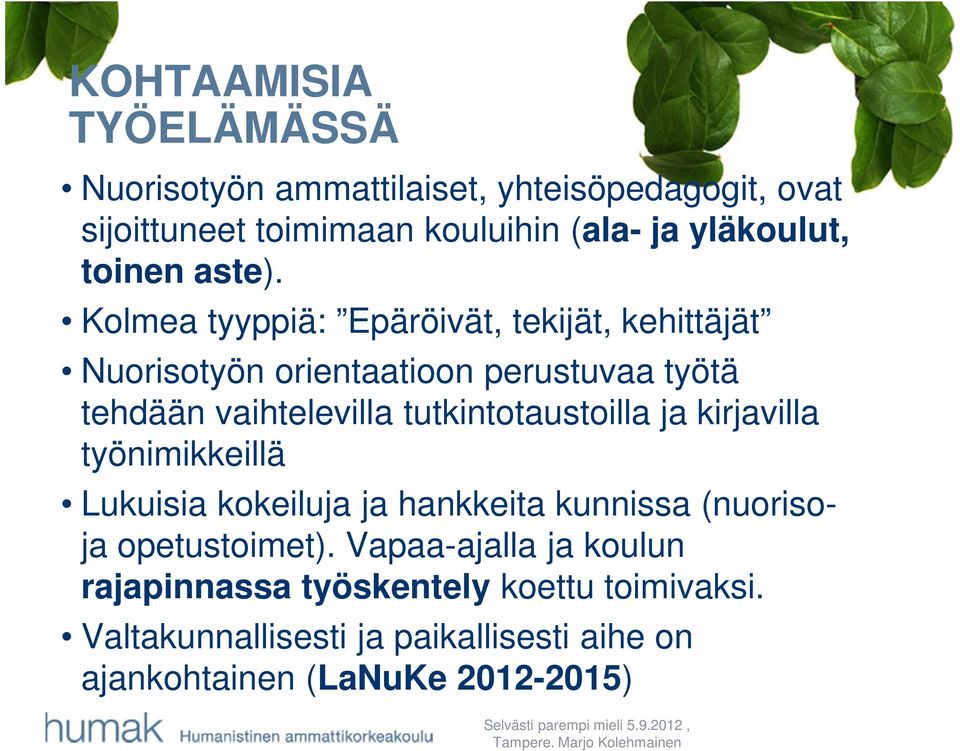 Kolmea tyyppiä: Epäröivät, tekijät, kehittäjät Nuorisotyön orientaatioon perustuvaa työtä tehdään vaihtelevilla