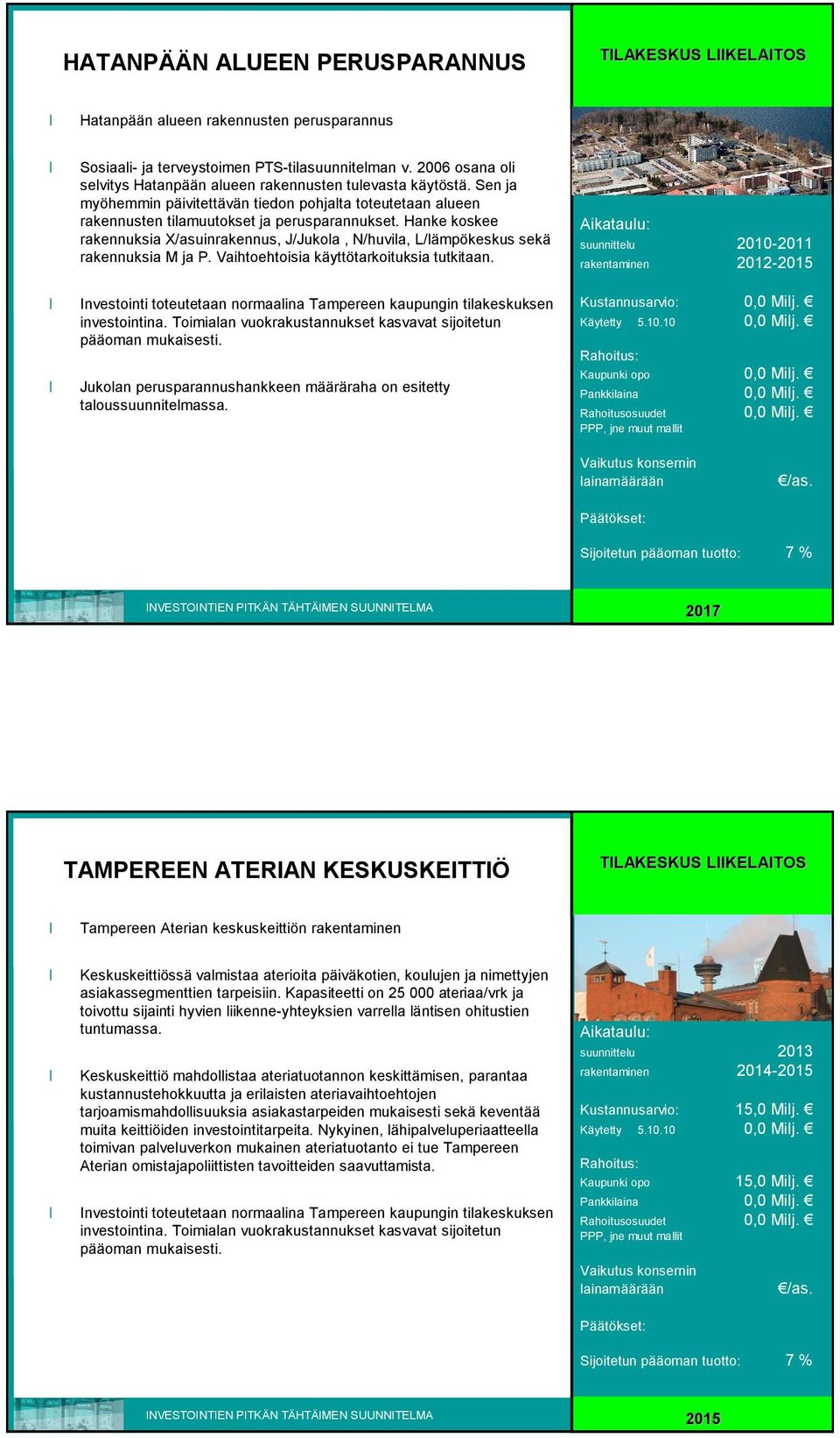 Hanke koskee rakennuksia X/asuinrakennus, J/Jukola, N/huvila, L/lämpökeskus sekä rakennuksia M ja P. Vaihtoehtoisia käyttötarkoituksia tutkitaan. kaupungin tilakeskuksen investointina.