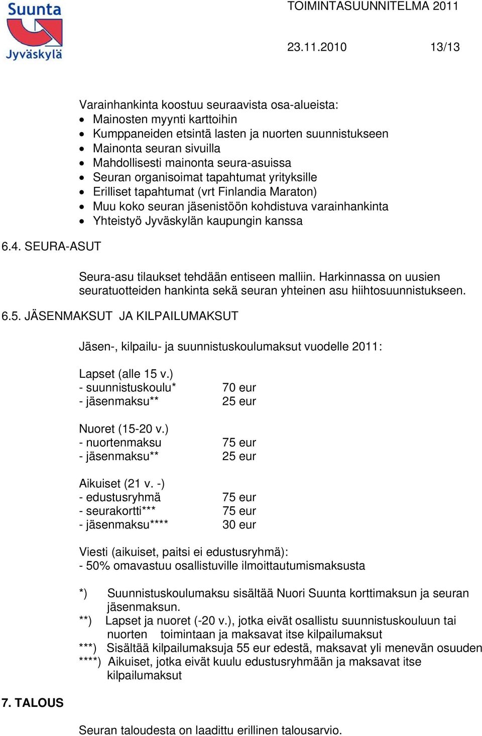 seura-asuissa Seuran organisoimat tapahtumat yrityksille Erilliset tapahtumat (vrt Finlandia Maraton) Muu koko seuran jäsenistöön kohdistuva varainhankinta Yhteistyö Jyväskylän kaupungin kanssa