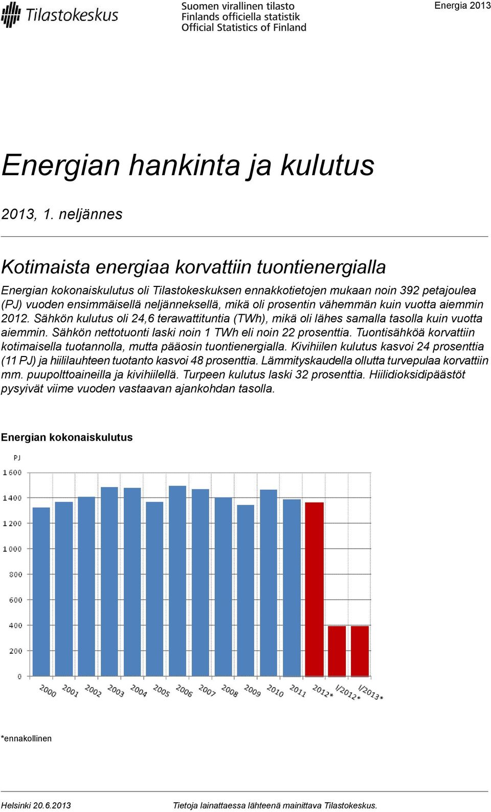 prosentin vähemmän kuin vuotta aiemmin 2012. Sähkön kulutus oli 24,6 terawattituntia (TWh), mikä oli lähes samalla tasolla kuin vuotta aiemmin.