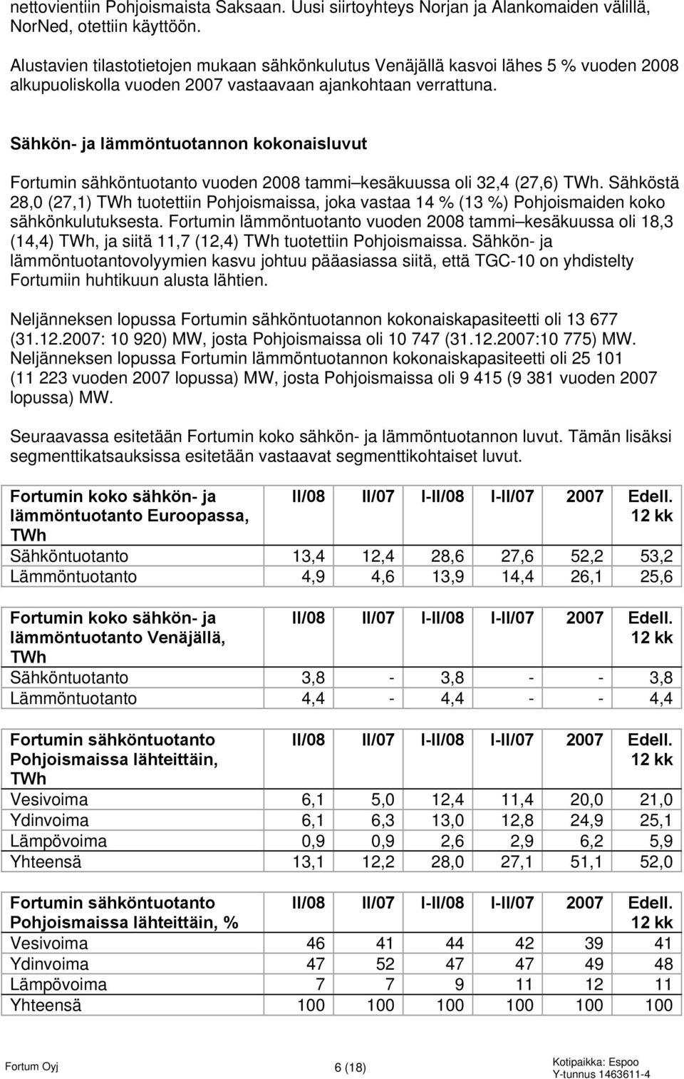 Sähkön- ja lämmöntuotannon kokonaisluvut Fortumin sähköntuotanto vuoden 2008 tammi kesäkuussa oli 32,4 (27,6) TWh.