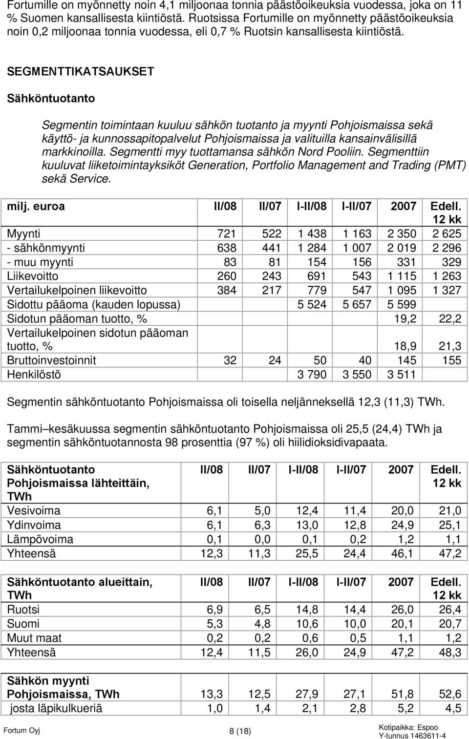 SEGMENTTIKATSAUKSET Sähköntuotanto Segmentin toimintaan kuuluu sähkön tuotanto ja myynti Pohjoismaissa sekä käyttö- ja kunnossapitopalvelut Pohjoismaissa ja valituilla kansainvälisillä markkinoilla.