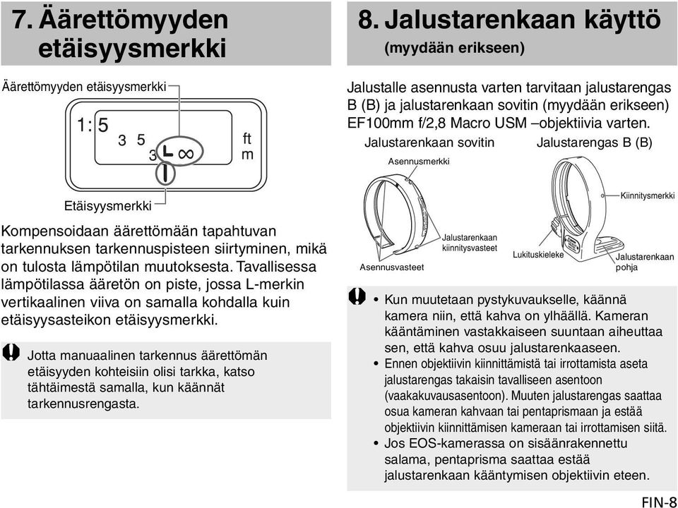 Jalustarenkaan sovitin Jalustarengas B (B) Asennusmerkki Etäisyysmerkki Kompensoidaan äärettömään tapahtuvan tarkennuksen tarkennuspisteen siirtyminen, mikä on tulosta lämpötilan muutoksesta.