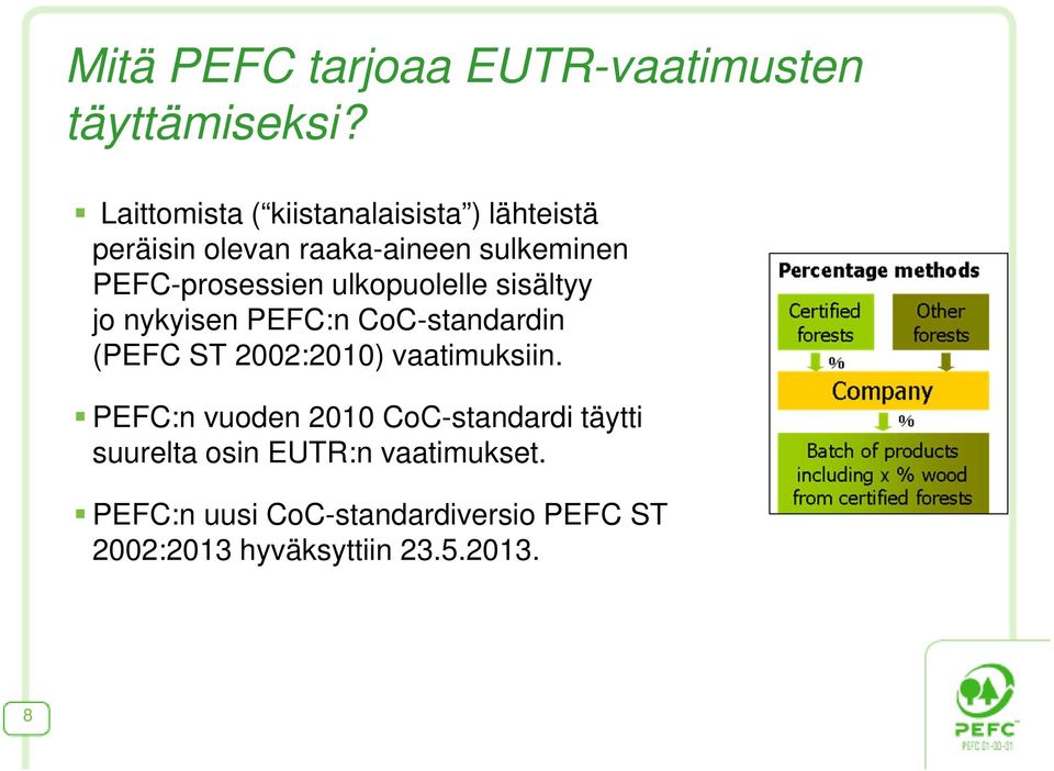 PEFC-prosessien ulkopuolelle sisältyy jo nykyisen PEFC:n CoC-standardin (PEFC ST 2002:2010)